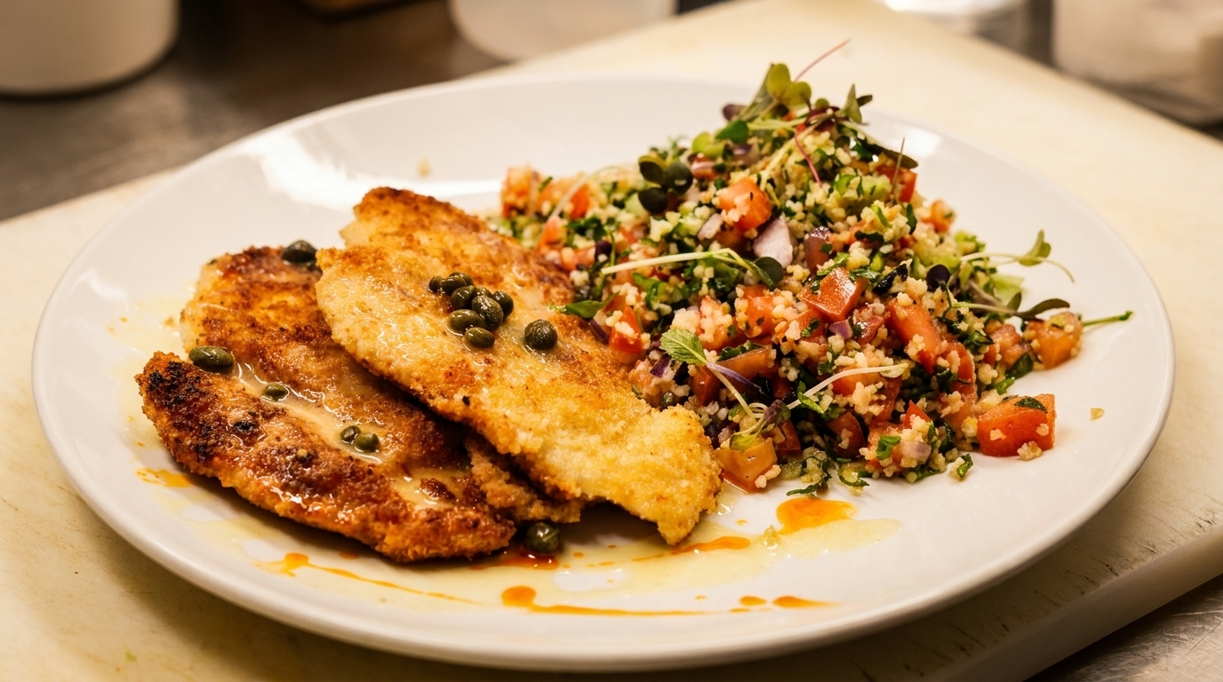 Golden-brown fried fish fillets with capers and a side of fresh tabbouleh salad on a white plate.