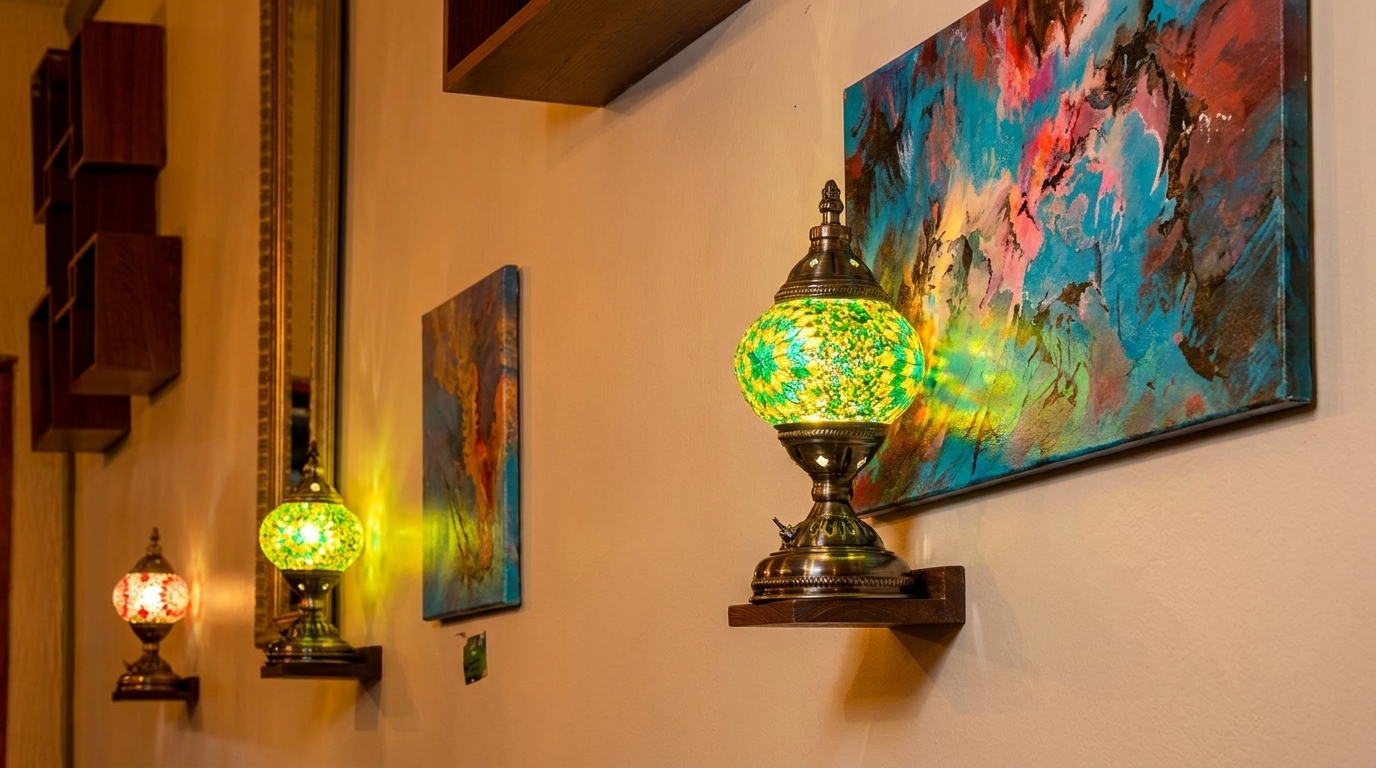 Three ornate, colorful mosaic lamps illuminate a wall with abstract paintings and wooden shelves.