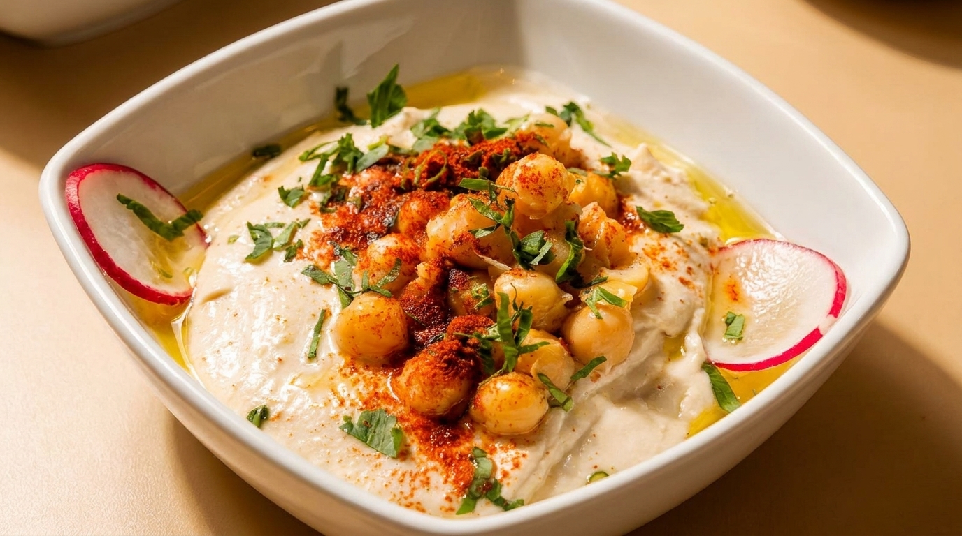 Creamy hummus in a white bowl, topped with chickpeas, paprika, parsley, and radish slices.