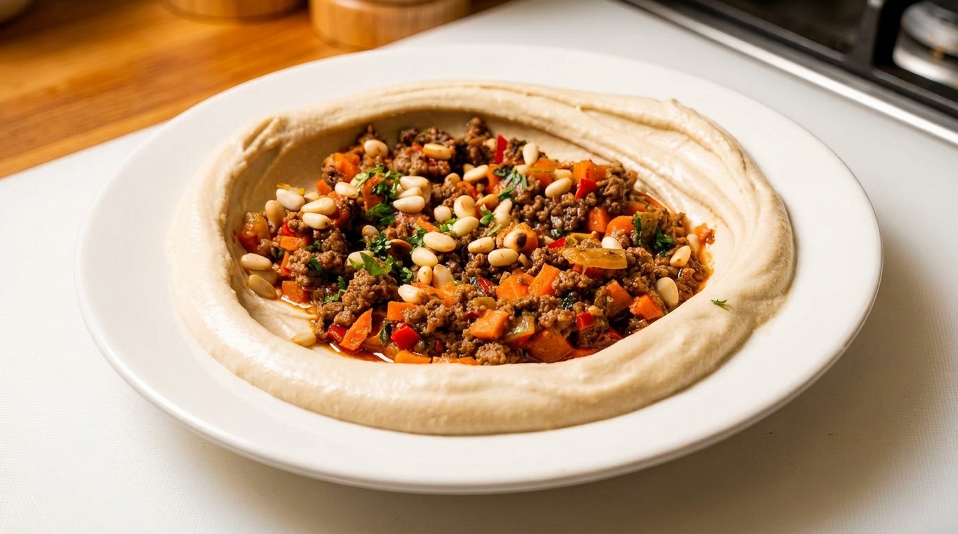 Hummus with spiced ground meat, diced vegetables, and pine nuts on a white plate.