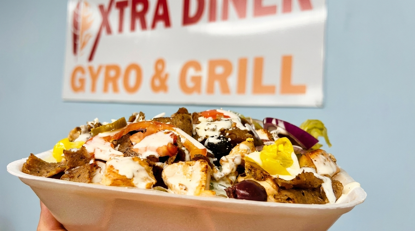 A large gyro plate with meat, vegetables, and white sauce, with a "XTRA GYRO & GRILL" sign in the background.