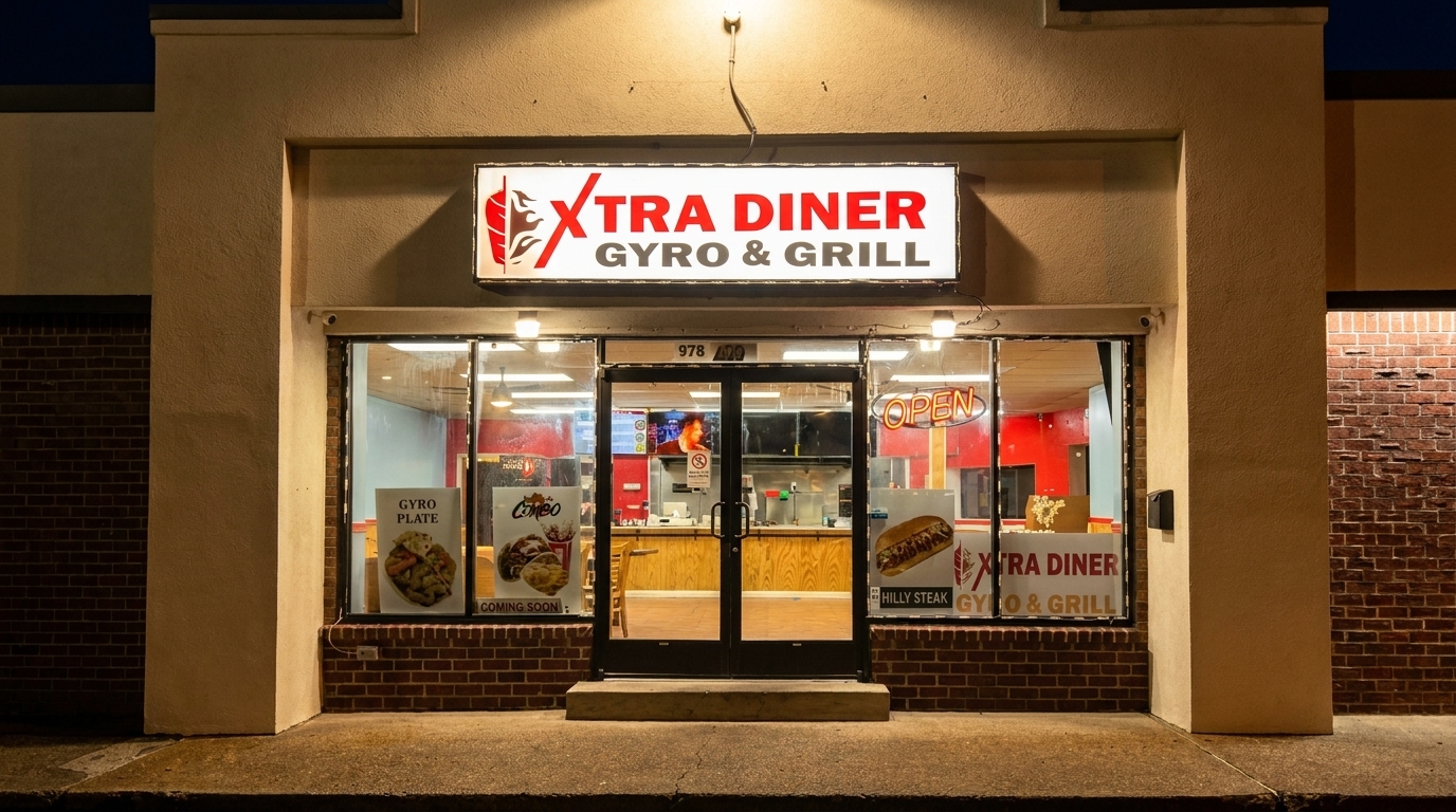 Exterior of Xtra Diner Gyro & Grill at night, with a brightly lit sign and window displays.