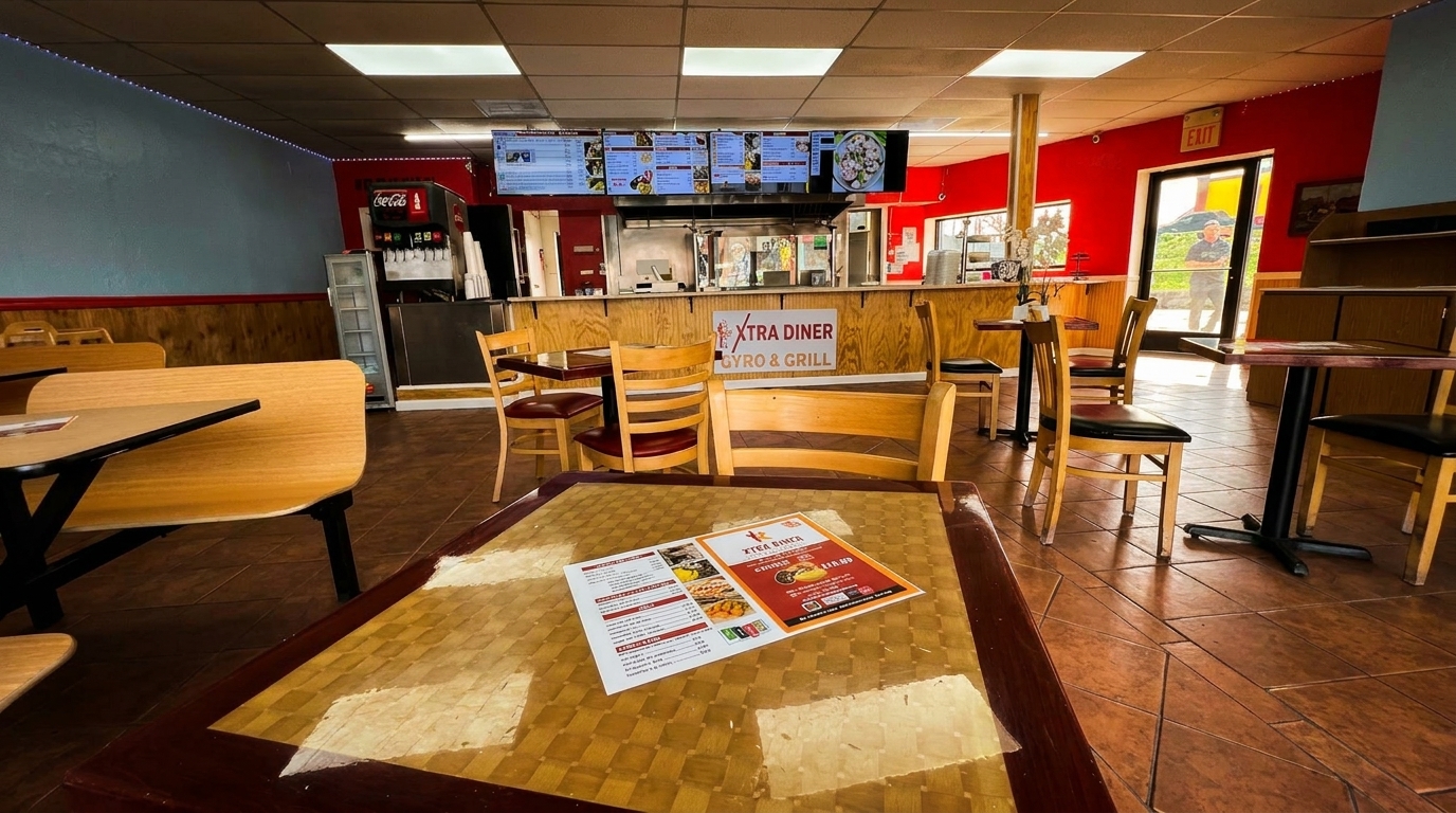 Interior of Xtra Diner Gyro & Grill, with menus on a table, booths, and a counter.