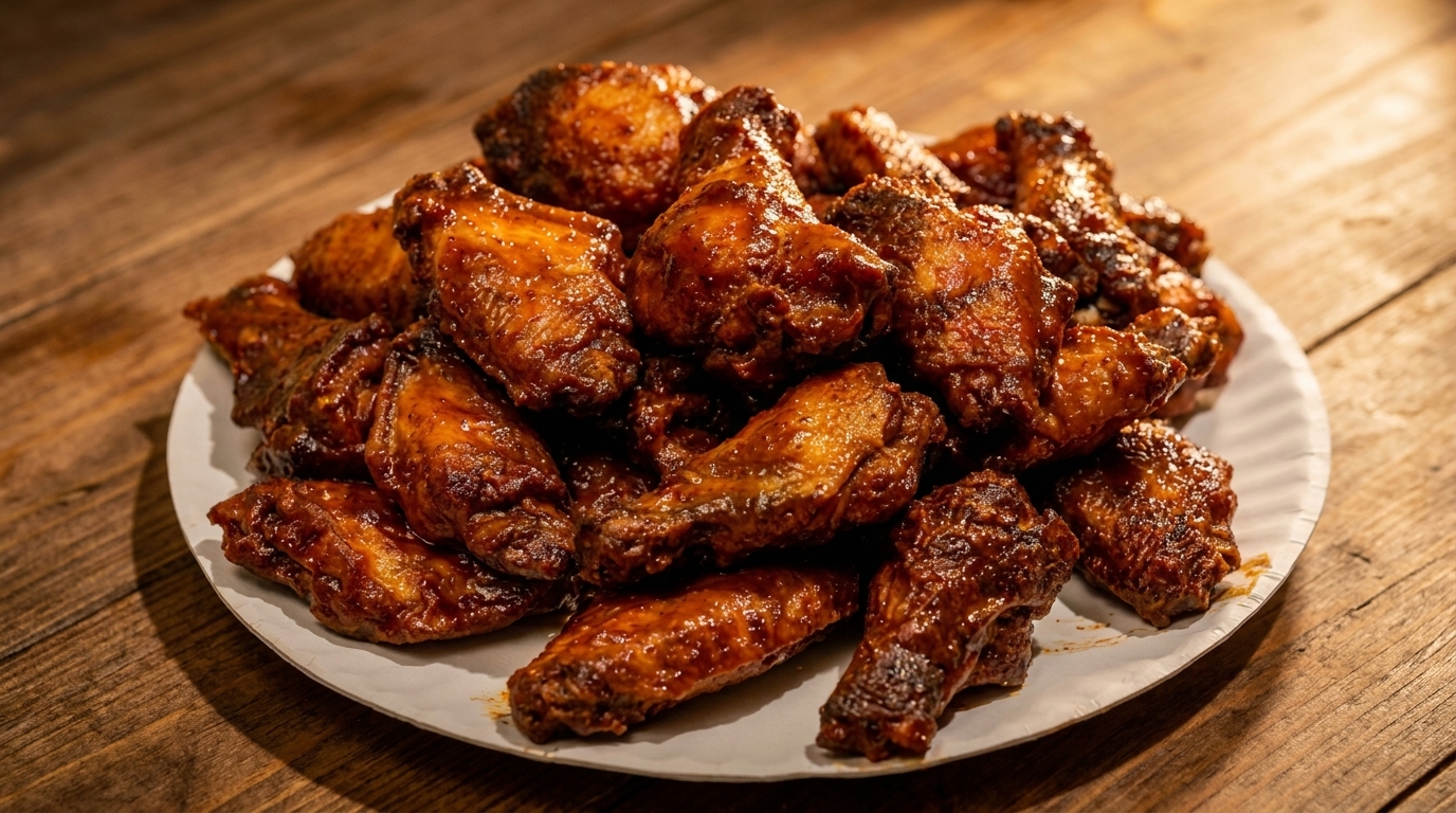 A large platter of glistening, dark brown chicken wings on a rustic wooden table.
