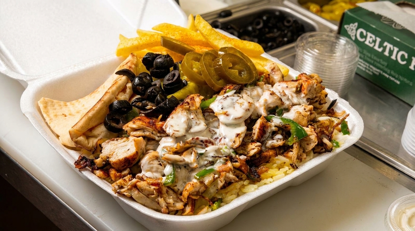 Chicken and rice platter with fries, olives, jalapeños, and pita bread in a takeout container.