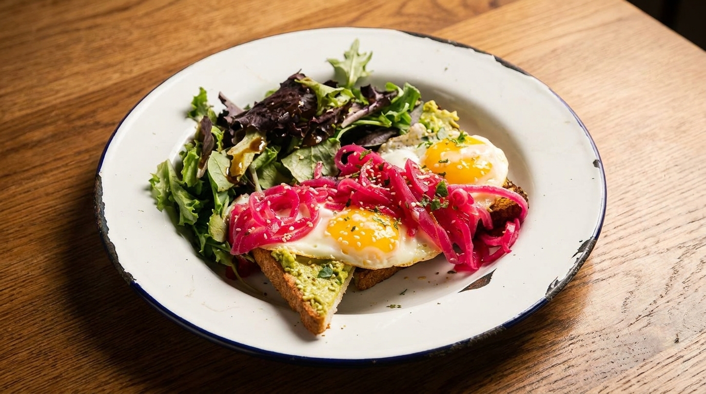 Avocado toast with fried eggs, pickled red onions, and a side salad on a white plate.