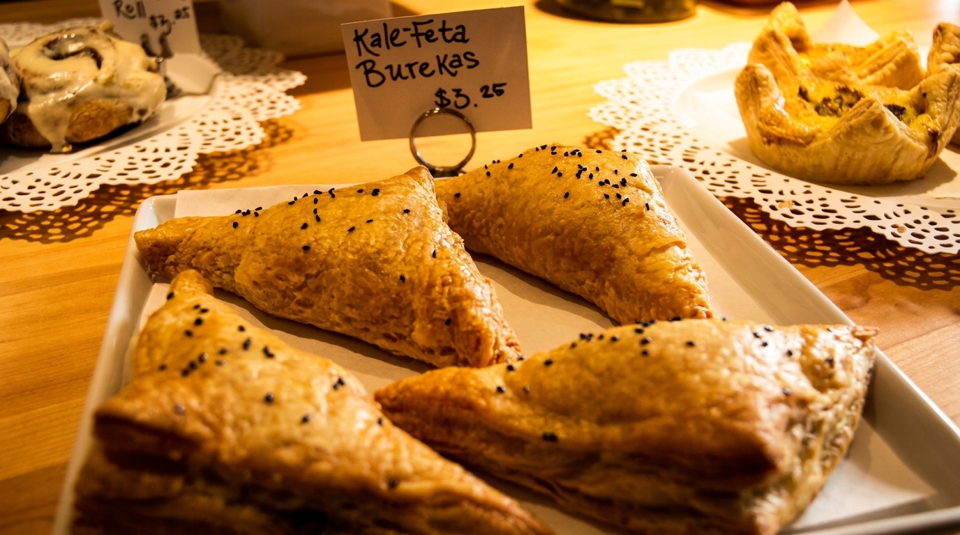 Four golden-brown kale-feta burekas with black sesame seeds on a white tray, with a price tag.