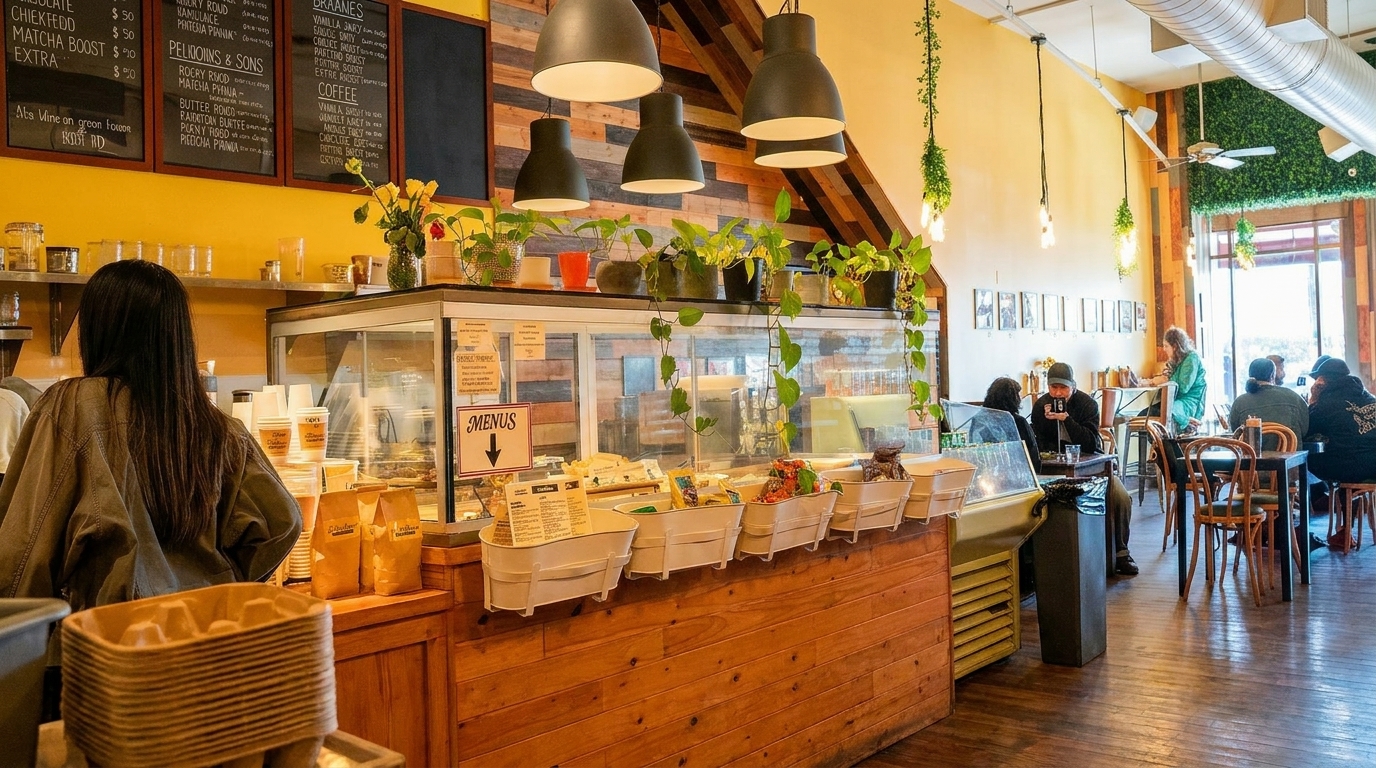 A bustling cafe interior with customers, a display case, and menu boards on a yellow wall.