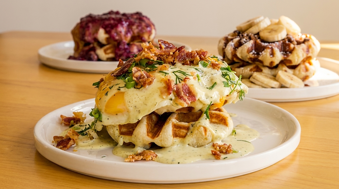 Savory waffle with egg, bacon, and sauce, alongside two sweet waffles with fruit toppings.