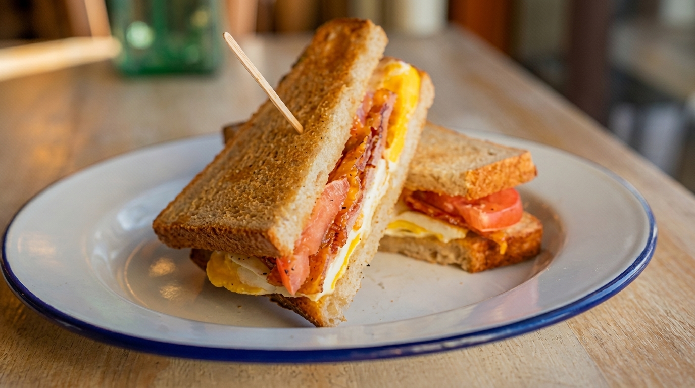 A breakfast sandwich with bacon, egg, and tomato on toasted bread, served on a white plate.