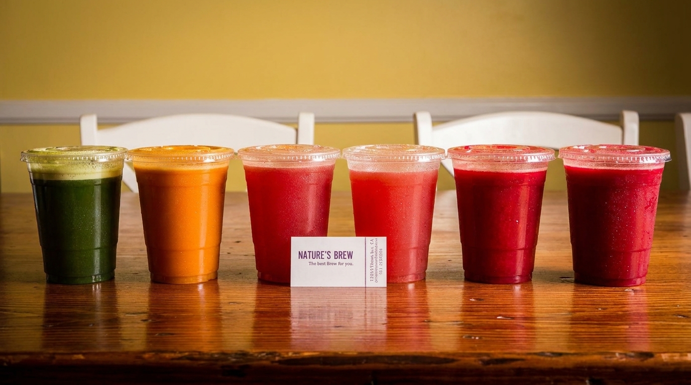 Six colorful Nature's Brew smoothies in plastic cups on a wooden table with white chairs.