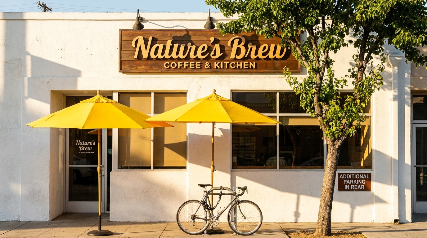 Nature's Brew Coffee & Kitchen storefront with a wooden sign, two yellow umbrellas, and a bicycle.
