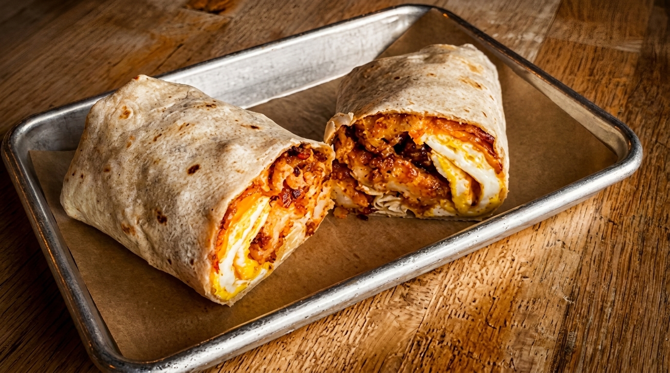Two halves of a breakfast burrito, filled with eggs and meat, on a metal tray.