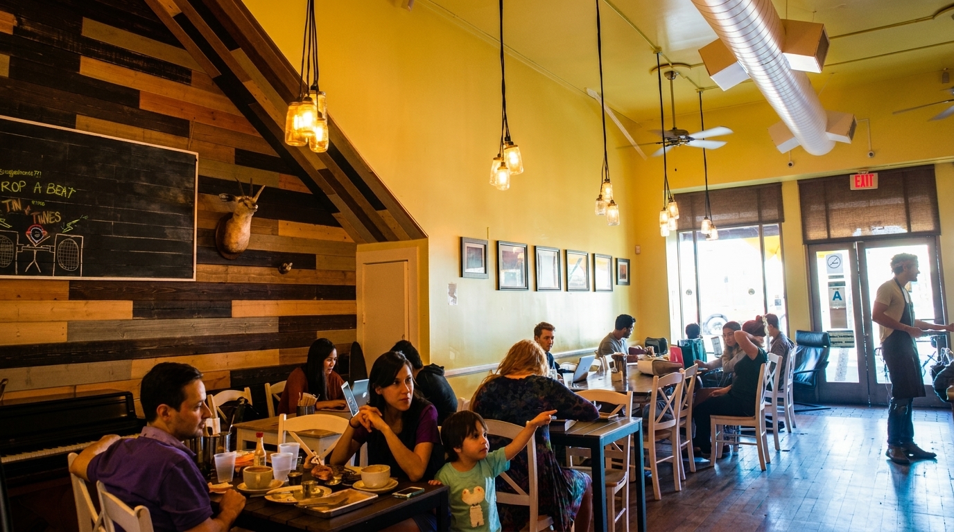 A bustling cafe interior with customers seated at tables, a chalkboard, and a server near the entrance.