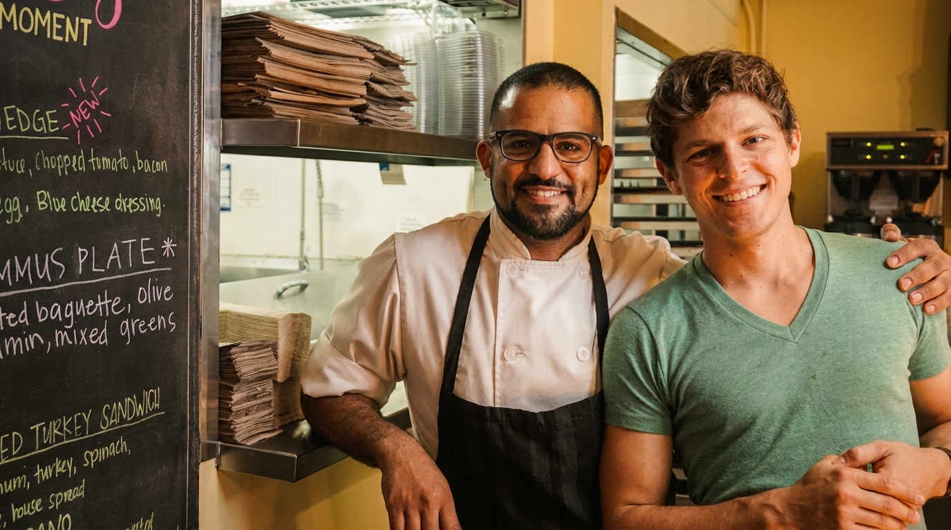 Chef and a man smiling in a restaurant kitchen with a chalkboard menu beside them.