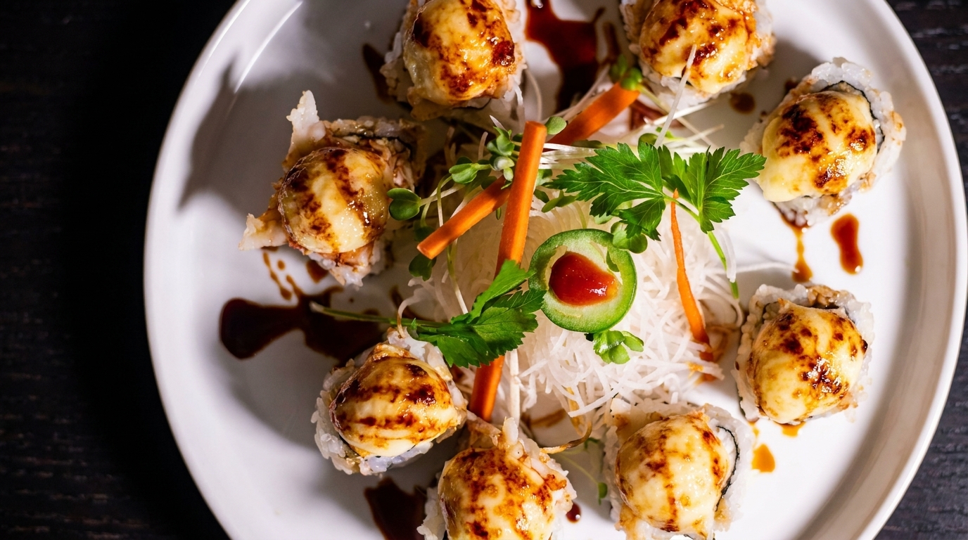 Eight baked sushi rolls with melted cheese and sauce, garnished with carrots and herbs.