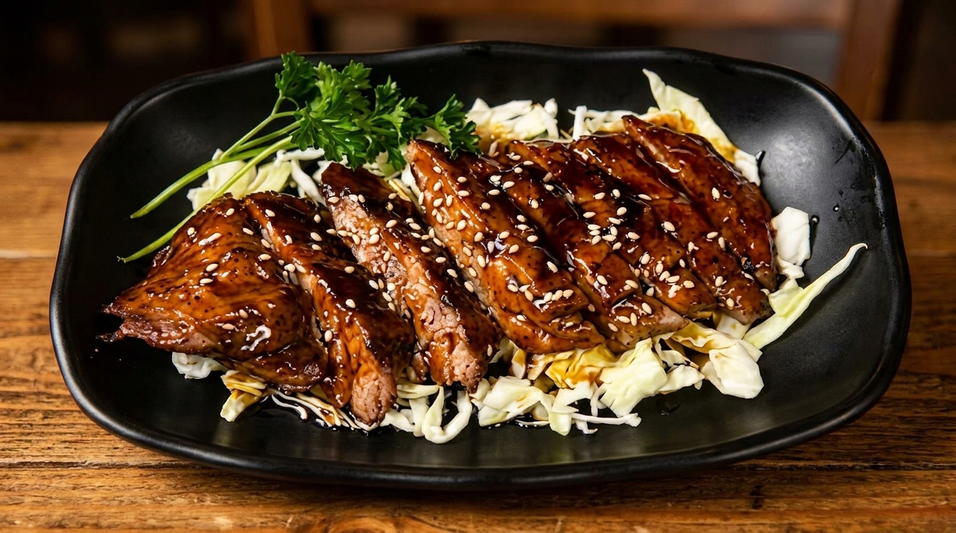 Teriyaki chicken slices with sesame seeds and parsley on a bed of shredded cabbage.