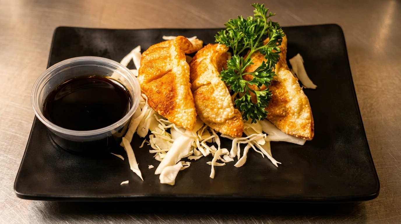Golden-fried dumplings with shredded cabbage, fresh parsley, and a side of dark dipping sauce.