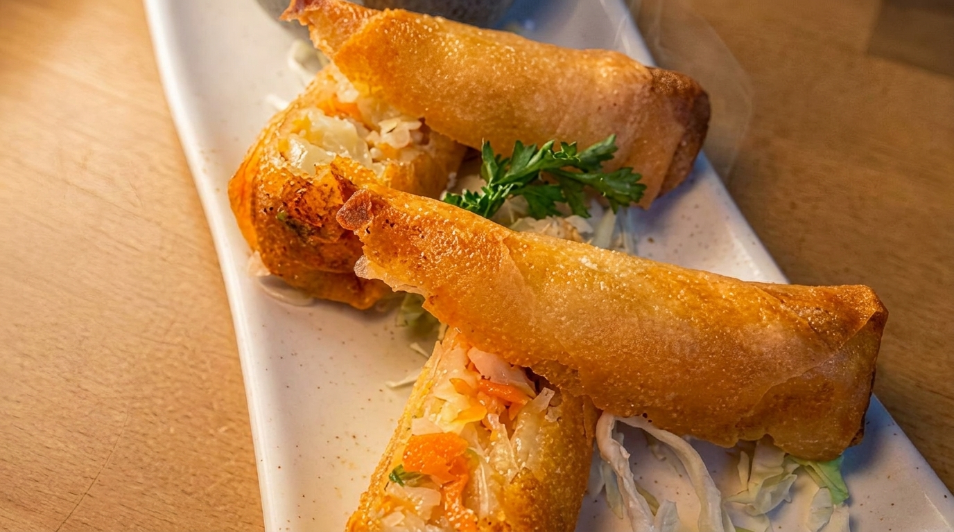 Crispy golden spring rolls filled with vegetables, garnished with parsley on a white plate.