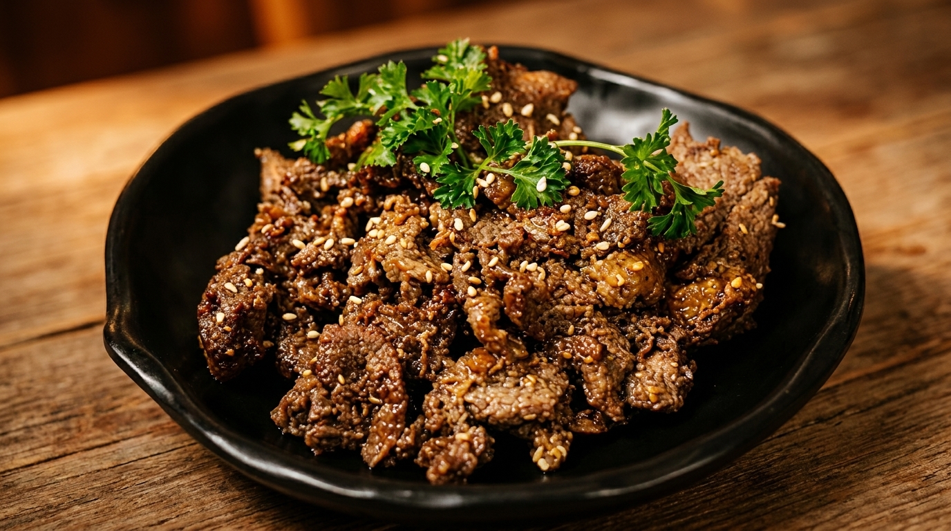A black plate filled with Korean BBQ beef, garnished with sesame seeds and parsley, on a wooden table.