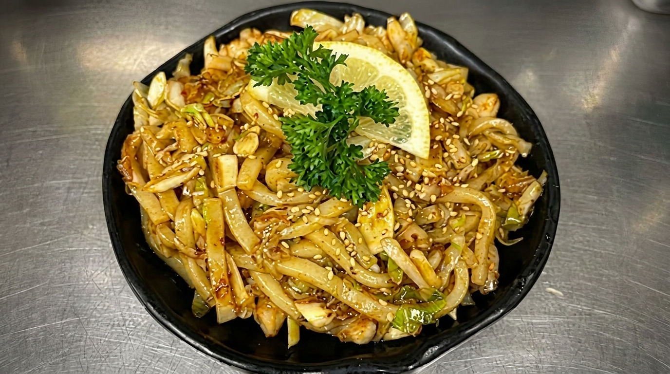 Stir-fried noodles with vegetables, sesame seeds, a lemon slice, and parsley in a black bowl.