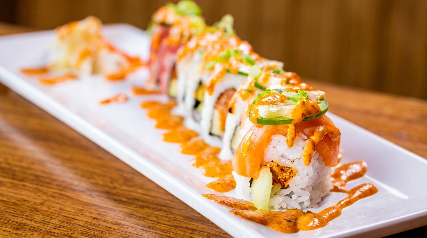 A long white plate holds a row of sushi rolls drizzled with orange and white sauces.