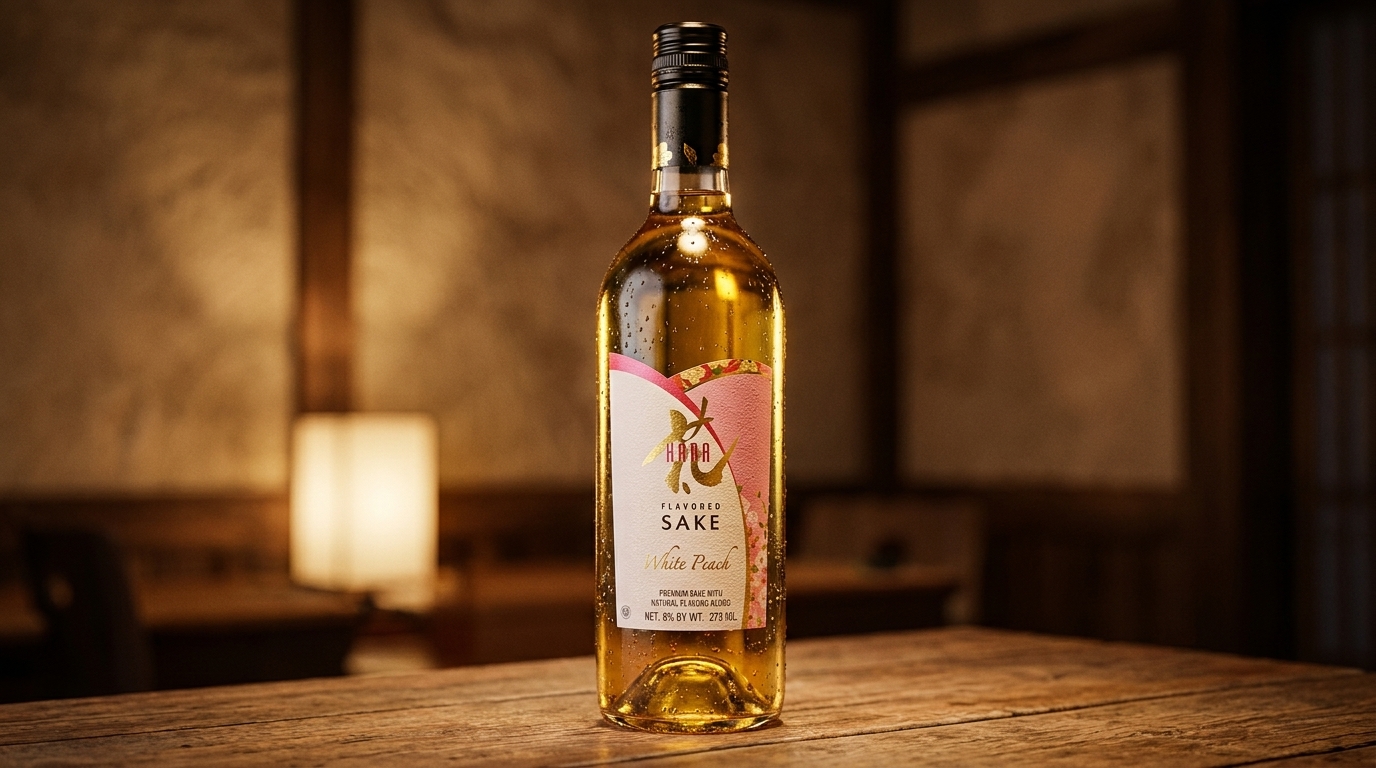 A bottle of Hana flavored white peach sake with condensation, on a rustic wooden table.
