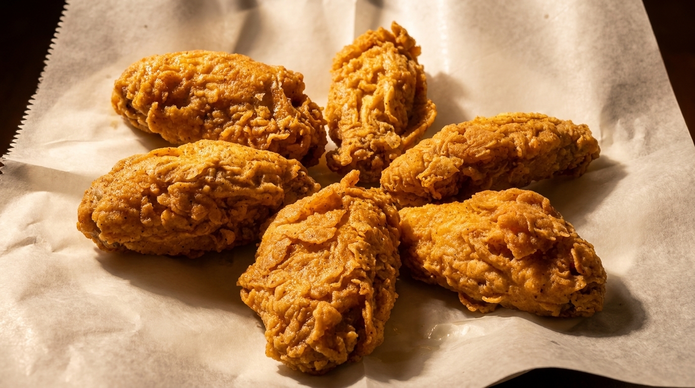 Six crispy, golden-brown fried chicken pieces arranged on white parchment paper.