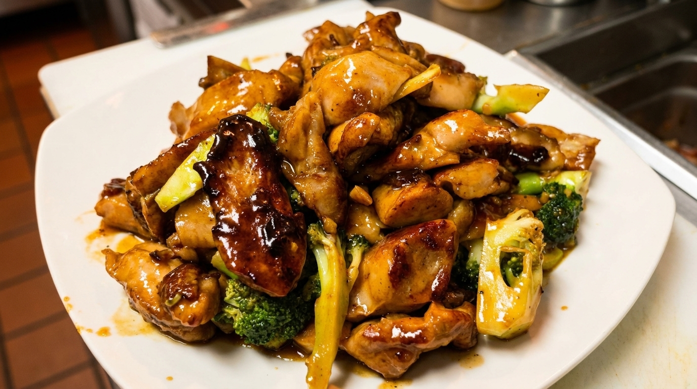 A white plate piled high with glistening teriyaki chicken and bright green broccoli florets.