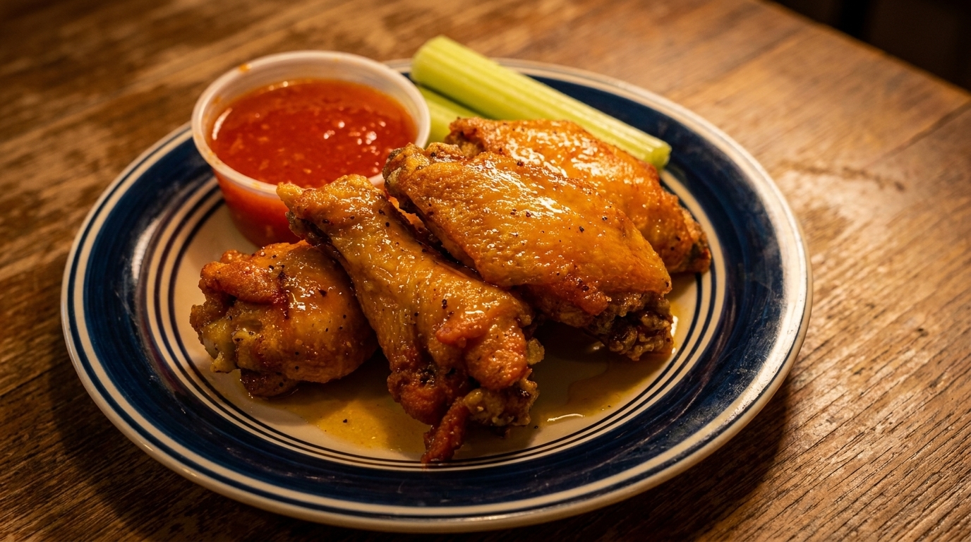Crispy chicken wings with a side of red dipping sauce and celery sticks on a blue-striped plate.