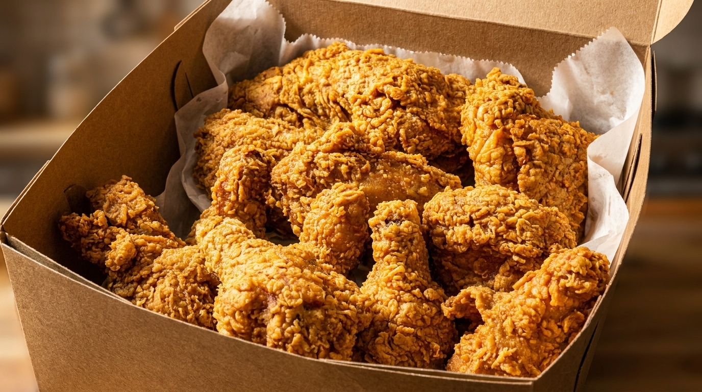 Crispy fried chicken pieces in a brown cardboard takeout box with white paper lining.