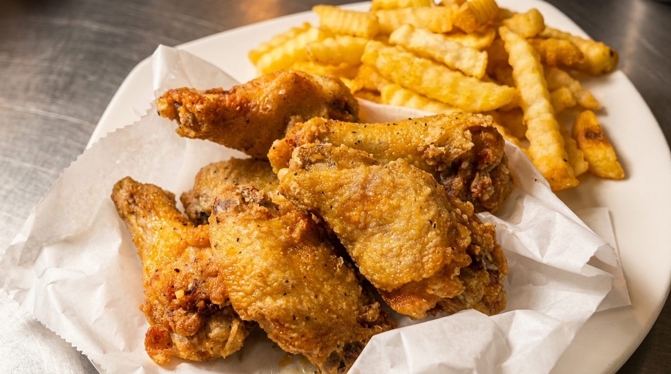 Crispy fried chicken wings with black pepper seasoning and crinkle-cut french fries on a white plate.
