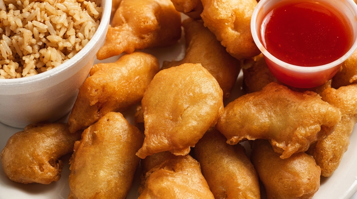 Golden-fried chicken pieces with a side of fried rice and sweet and sour sauce.