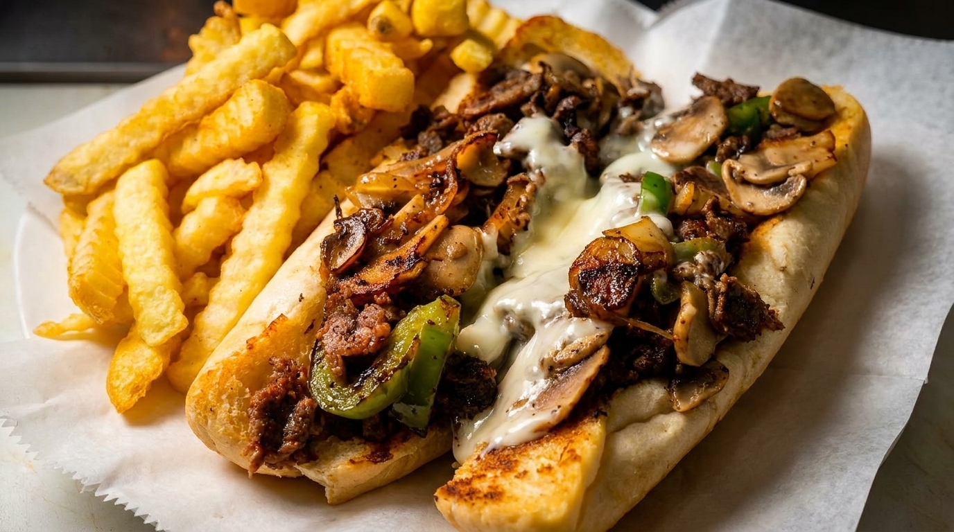Cheesesteak sandwich with steak, mushrooms, onions, green peppers, and melted cheese, served with fries.