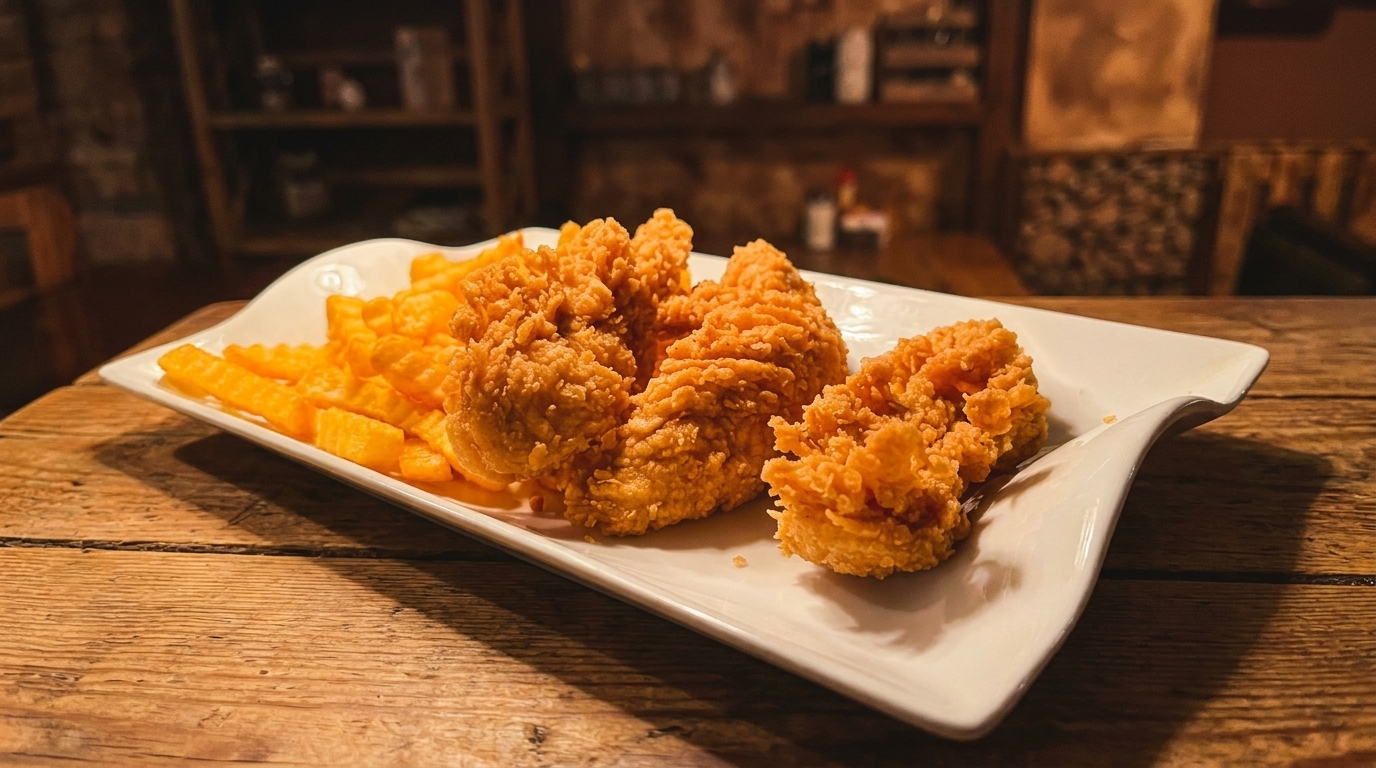 Crispy fried chicken tenders and crinkle-cut fries on a white plate, on a rustic wooden table.