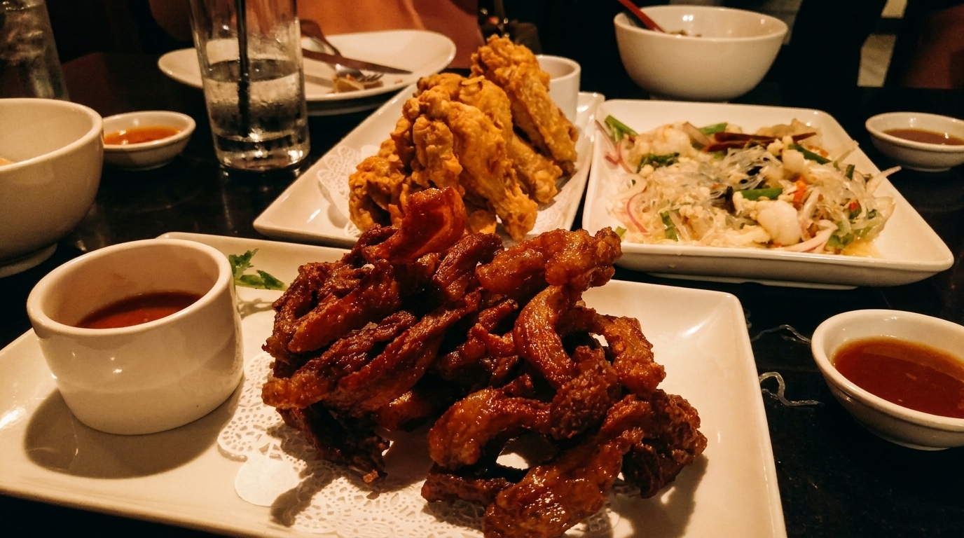 A table laden with plates of fried chicken, a noodle salad, and dipping sauces.