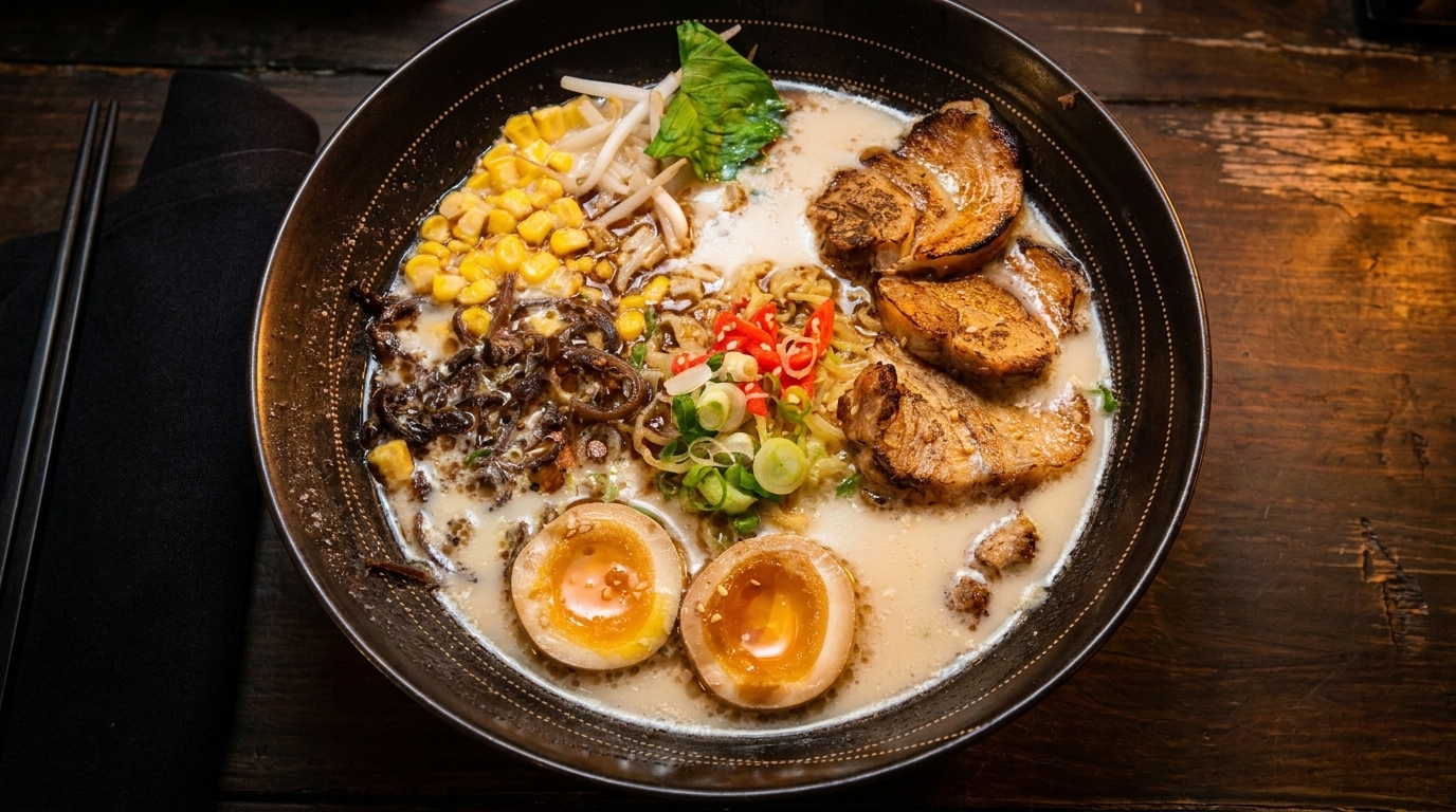 A bowl of ramen with pork, corn, mushrooms, green onions, and two soft-boiled eggs.