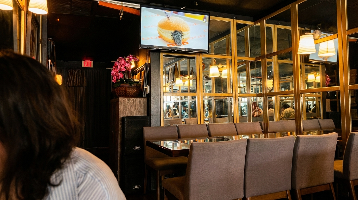 Restaurant interior with a TV showing a donut, mirrored walls, brown chairs, and a person's back.