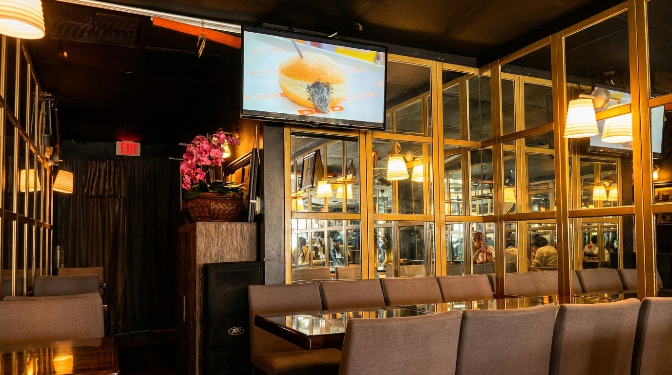 Restaurant interior with brown booths, mirrored walls, a TV displaying a donut, and an exit sign.