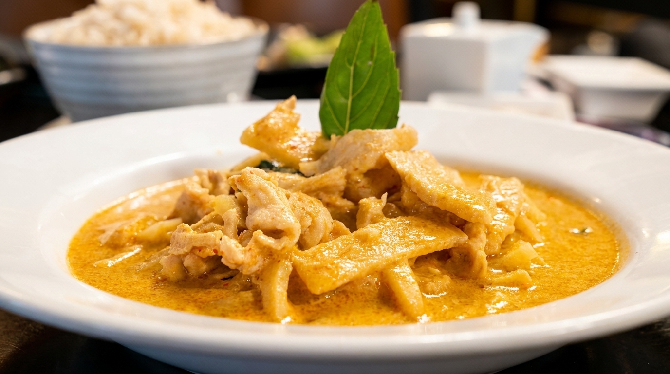 Close-up of a vibrant yellow curry with chicken and bamboo shoots, garnished with a green leaf.