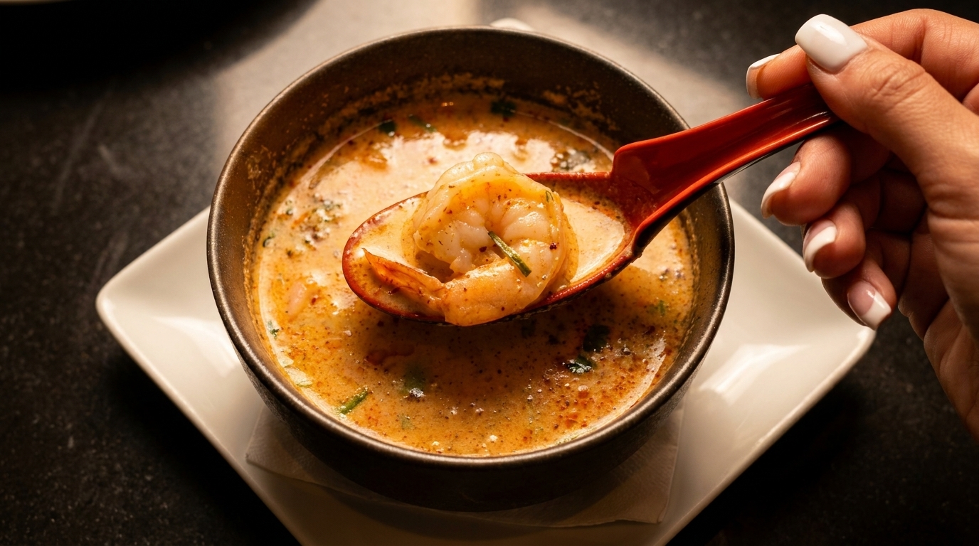 A hand holding a red spoon with a large shrimp over a bowl of creamy orange soup.