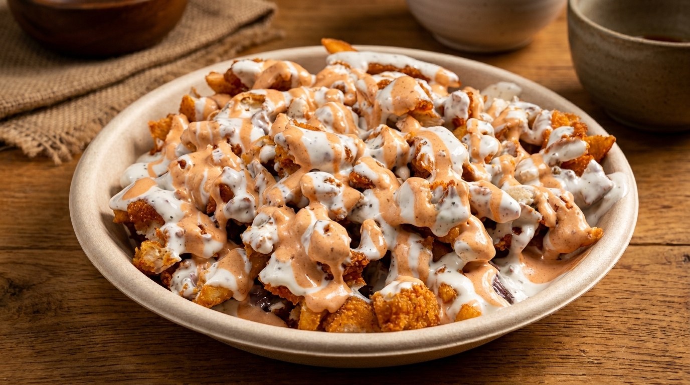 Crispy fried chicken pieces drizzled with white and orange sauces in a bowl on a wooden table.