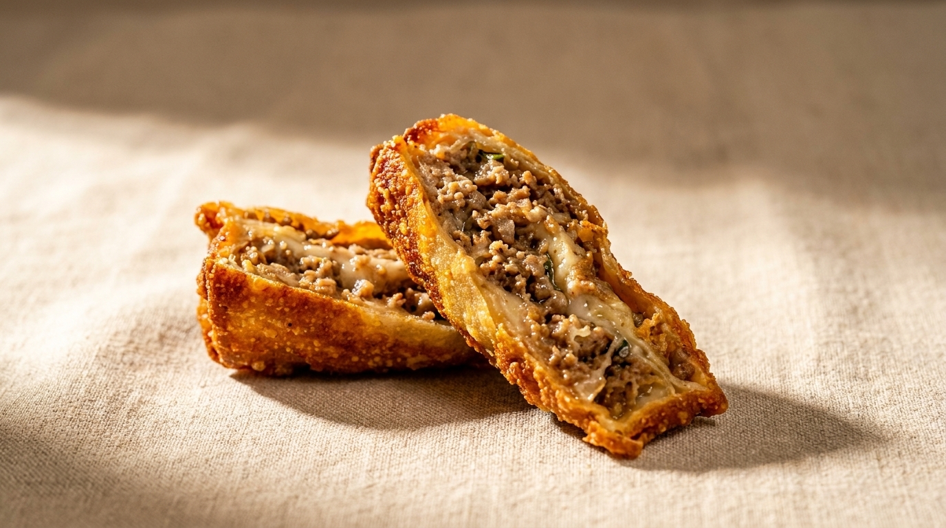 Two halves of a crispy, golden-brown egg roll, revealing a savory meat and cheese filling.