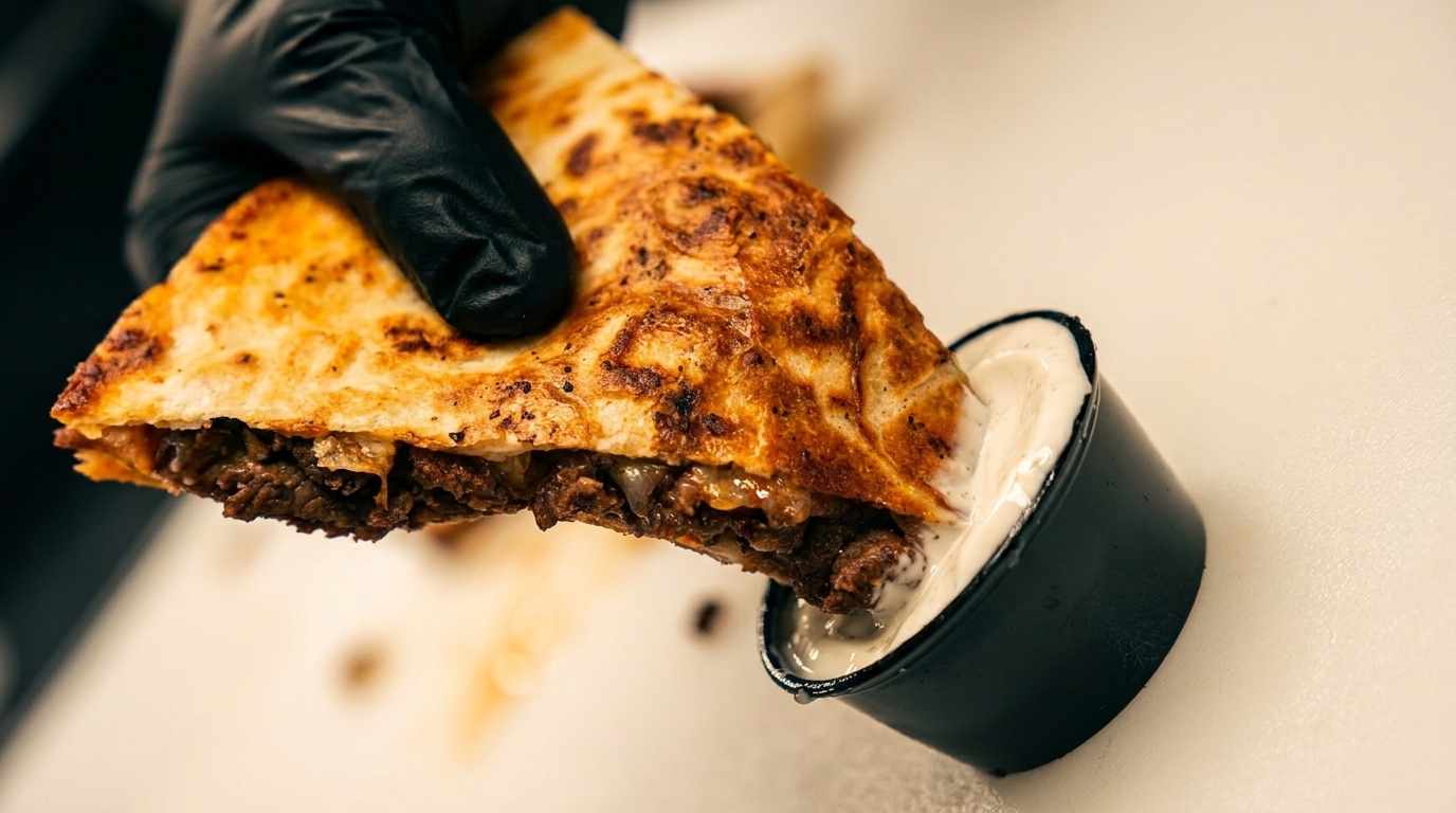 A gloved hand dips a golden-brown quesadilla filled with meat into a small cup of white sauce.