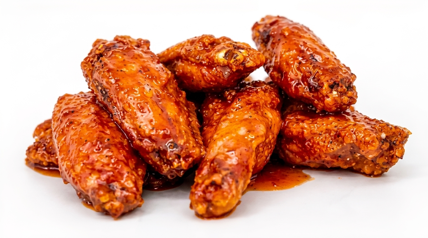 A pile of glistening, saucy chicken wings with a rich, reddish-brown glaze on a white background.