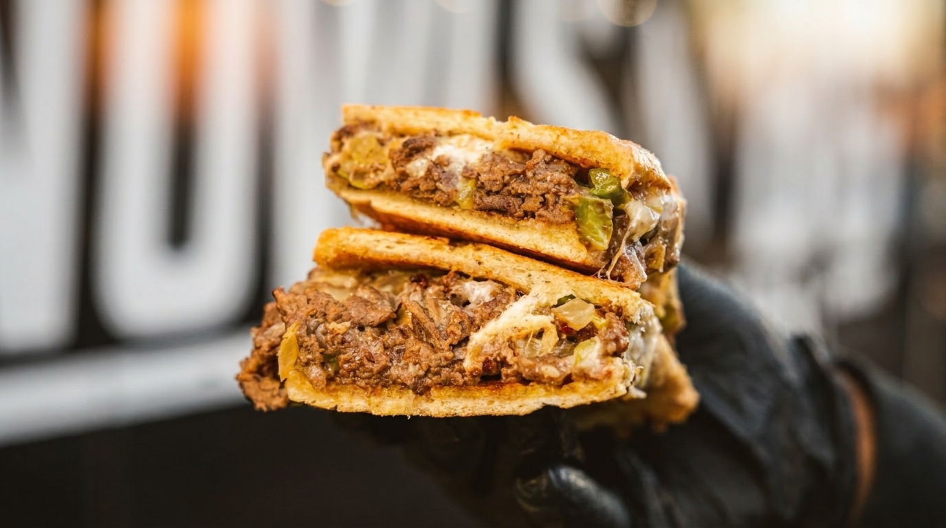 A grilled cheesesteak sandwich, cut in half, held by a person wearing a black glove.
