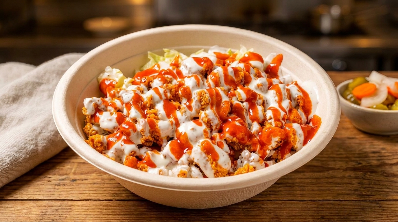 Crispy chicken bites drizzled with white and red sauces in a bowl, with pickled vegetables on the side.
