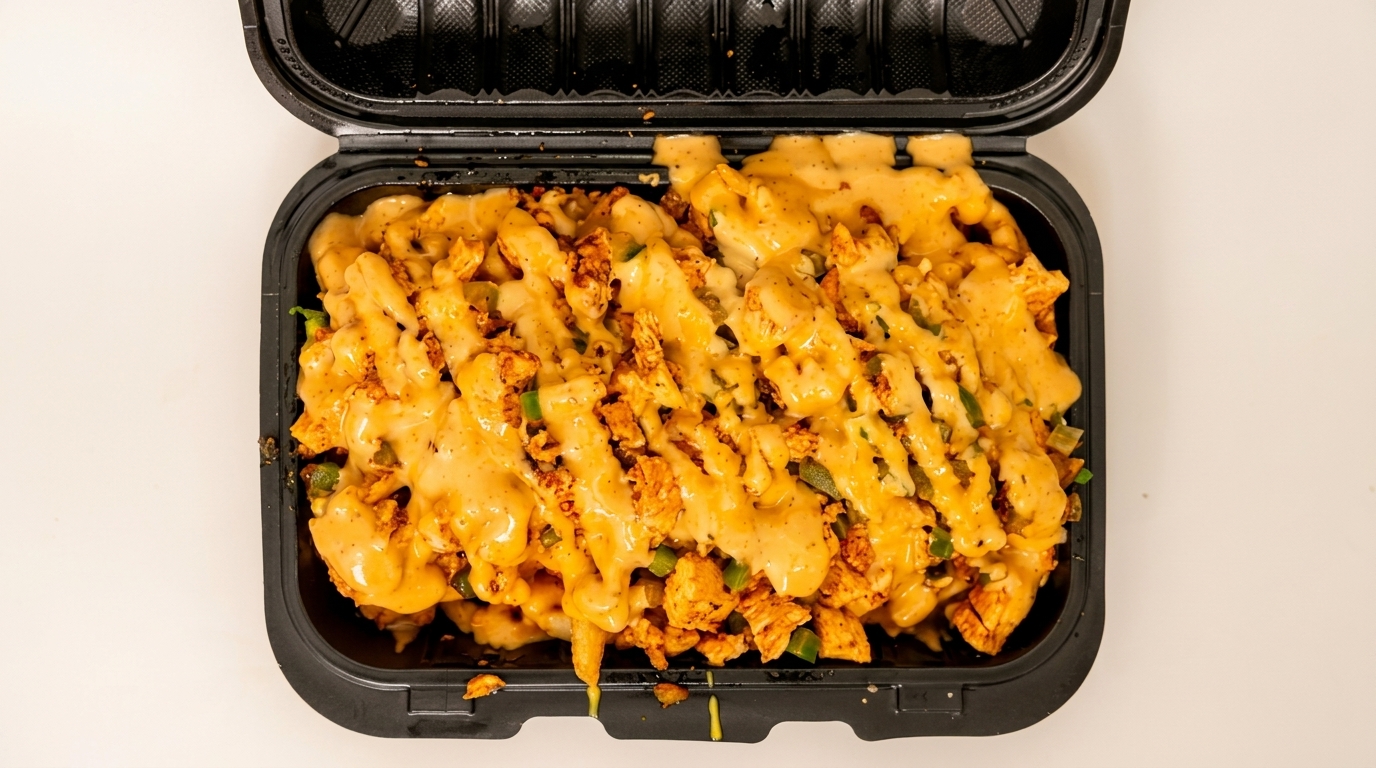 Top-down view of waffle fries topped with chicken, green peppers, and a creamy orange sauce.
