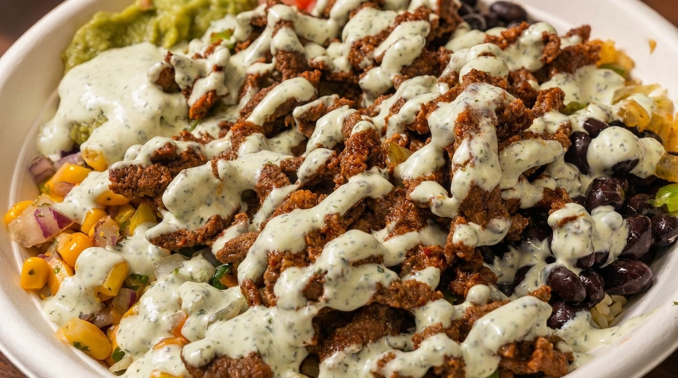 Close-up of a burrito bowl with seasoned meat, black beans, corn salsa, guacamole, and creamy sauce.