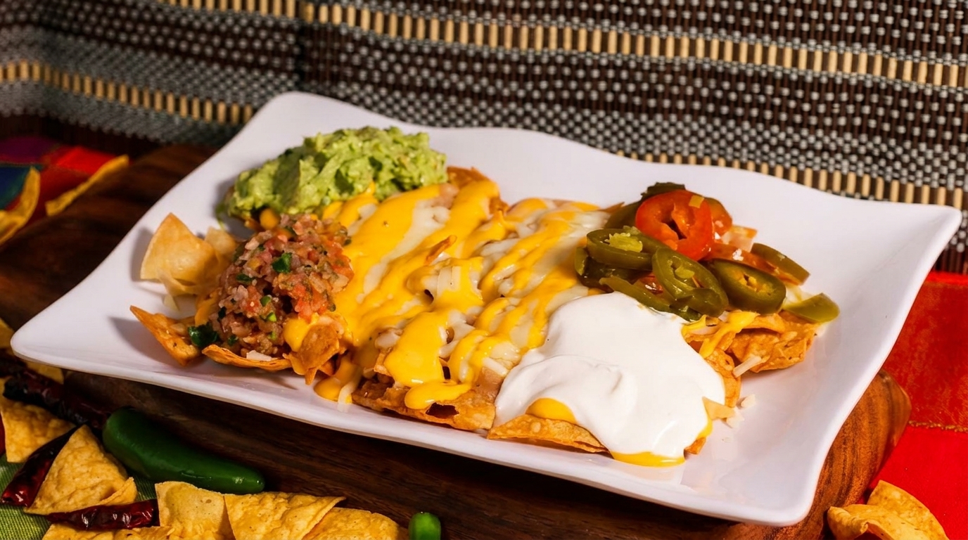 A plate of nachos with melted cheese, guacamole, salsa, sour cream, and jalapeños.